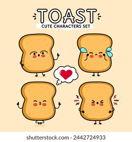 Funny cute happy Toast characters bundle set. Vector hand drawn doodle style character illustration icon design. Isolated brown background. Cute Toast mascot character collection