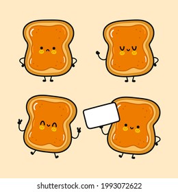 Funny cute happy toast with peanut butter characters bundle set. Vector kawaii line cartoon style illustration. Cute toast with peanut butter mascot character collection