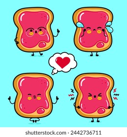 Funny cute happy Toast piece of bread with jam characters bundle set. Vector hand drawn doodle style character illustration. Isolated blue background. Toast piece of bread with jam mascot character