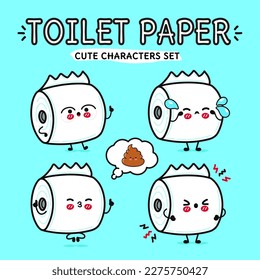 Funny cute happy toilet paper characters bundle set. Vector hand drawn doodle style cartoon character illustration icon design. Isolated blue background. Cute toilet paper mascot character collection