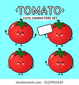 Funny cute happy Tomato characters bundle set. Vector hand drawn doodle style cartoon character illustration icon design. Isolated on blue background. Tomato mascot character collection