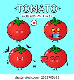 Engraçado bonito feliz Tomato personagens conjunto pacote. Ilustração de personagem de desenho animado estilo doodle desenhado à mão vetor. Isolado no fundo azul. Coleção de personagens de mascote de tomate