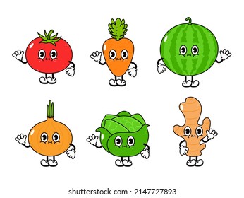 Funny cute happy vegetables characters bundle set. Vector hand drawn cartoon kawaii character illustration icon. Isolated on background. Cute tomato, watermelon, onion, cabbage, ginger, carrot