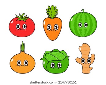 Funny cute glückliche Gemüsespezialisten gebündelt Set. Vektorhandgezeichnete Cartoons kawaii Zeichentricksymbol. Einzeln auf Hintergrund. Cute Tomate, Wassermelone, Zwiebeln, Kohl, Ingwer, Karotten