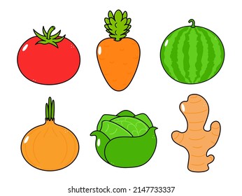 Funny cute glückliche Gemüsespezialisten gebündelt Set. Vektorhandgezeichnete Cartoons kawaii Zeichentricksymbol. Einzeln auf Hintergrund. Cute Tomate, Wassermelone, Zwiebeln, Kohl, Ingwer, Karotten