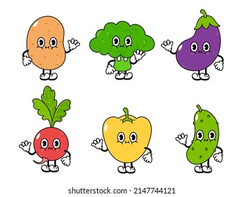 Funny cute happy vegetables characters bundle set. Vector hand drawn cartoon kawaii character illustration icon. Isolated on background. Cute happy potato, broccoli, eggplant, radish, pepper, cucumber