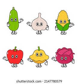 Funny Cute Happy Vegetables Characters Bundle Set. Vector Hand Drawn Cartoon Character Illustration Icon. Isolated On Background. Cute Happy Vegetable Marrow, Garlic, Corn, Pepper, Squash, Cabbage