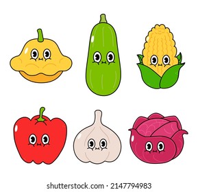 Funny Cute Happy Vegetables Characters Bundle Set. Vector Hand Drawn Cartoon Character Illustration Icon. Isolated On Background. Cute Happy Vegetable Marrow, Garlic, Corn, Pepper, Squash, Cabbage