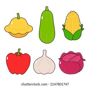 Funny Cute Happy Vegetables Characters Bundle Set. Vector Hand Drawn Cartoon Character Illustration Icon. Isolated On Background. Cute Happy Vegetable Marrow, Garlic, Corn, Pepper, Squash, Cabbage