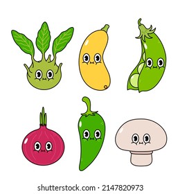Funny cute happy vegetables characters bundle set. Vector hand drawn cartoon character illustration icon. Cute happy vegetable marrow, pepper, peas, mushroom, red onion, brussels sprouts