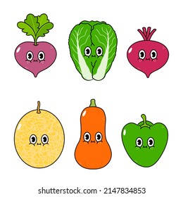 Funny cute happy vegetables characters bundle set. Vector hand drawn cartoon character illustration icon. Cute happy radish, chinese cabbage, beet, pumpkin, melon, pepper