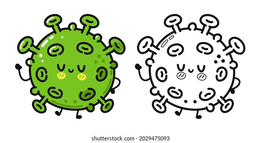 Funny lindo y feliz conjunto de personajes de virus. Caricatura dibujada a mano del vector icono de ilustración del personaje kawaii. Aislado sobre fondo blanco. Virus de la piel. Ilustración de dibujos animados de esquema para el libro de colorear