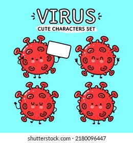 Funny lindo y feliz conjunto de personajes de virus. Diseño de iconos de ilustración de caricaturas con estilo de doodle dibujado a mano por vectores. Aislado sobre fondo azul. Colección de caracteres de mascota de virus de cutis