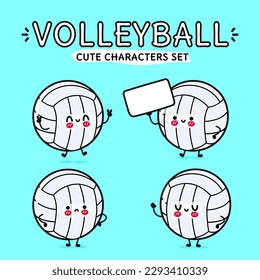 Funny cute happy volleyball characters bundle set. Vector hand drawn doodle style cartoon character illustration icon design. Isolated on blue background. Volleyball ball mascot character collection