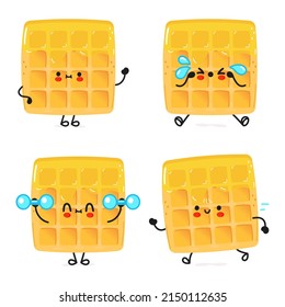 Funny cute happy wafer characters bundle set. Vector hand drawn doodle style cartoon character illustration icon design. Cute waffles mascot character collection emoji,child,baby,adorable,cartoon