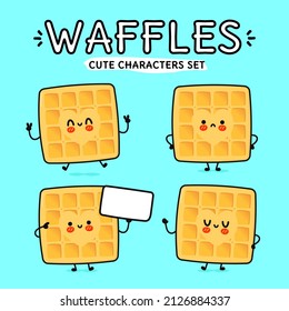 Funny lindo y feliz conjunto de personajes de waffles. Ilustración de dibujos animados de la línea Vector kawaii. Aislado sobre fondo blanco. Colección de personajes de mascota de gofres alegres