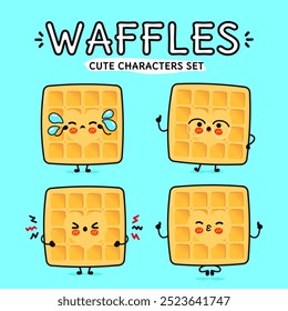 Engraçado bonito feliz Waffles personagens conjunto de pacote. Ilustração de personagem de desenho animado estilo doodle desenhado à mão vetor. Isolado no fundo azul. Coleção de caracteres de mascote Waffles