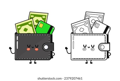 Funny cute happy Wallet with money characters bundle set. Vector hand drawn cartoon kawaii character illustration icon. Cute Wallet with money. Outline cartoon illustration for coloring book