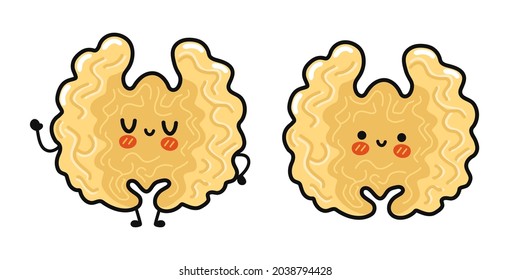 Funny cute happy walnut characters bundle set. Vector kawaii line cartoon style illustration. Cute walnut mascot character collection