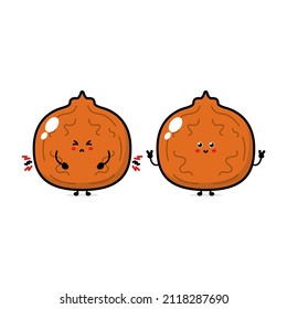 Funny cute happy walnut characters bundle set. Vector line cartoon style illustration. Cute walnut mascot character collection