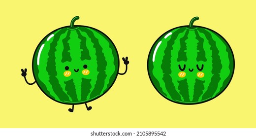 Funny cute happy watermelon characters bundle set. Vector kawaii line cartoon style illustration. Cute watermelon mascot character collection