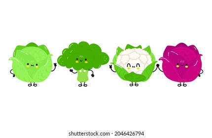 Funny cute happy white cabbage, red cabbage, broccoli, cauliflower characters bundle set. Vector kawaii line cartoon style illustration. Cute cabbage mascot friends concept