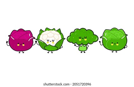 Hübsches, süßes, weißes Kohl, roter Kohl, Brokkoli, Blumenbündel. Vektorgrafik kawaii Linie Cartoon Stil Illustration. Cute-Kohl-Maskottchen-Freundeskonzept