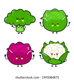 Funny cute happy white cabbage,red cabbage,broccoli,cauliflower characters bundle set Vector kawaii line cartoon doodle illustration.Cute kids cabbage,cabbage,broccoli,cauliflower mascot character 
