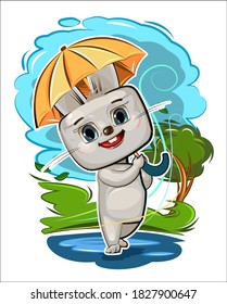 A funny cute hare with an umbrella walks through the puddles. Wind, clouds, bad weather. But good mood. Kid is an animal. Illustration for children. Cartoon style. Isolated vector