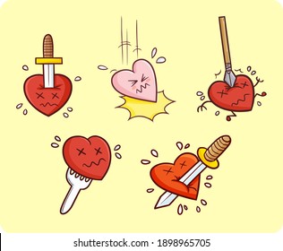 Funny and cute heart characters getting hurts simple kawaii doodle style