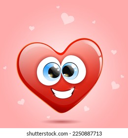 Funny cute heart with crossed eyes and wide smile on light red background