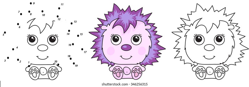 Funny and cute hedgehog. Vector illustration for kids. Dot to dot game and coloring book