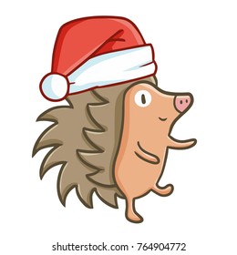 Funny and cute hedgehog wearing Santa's hat for Christmas and smiling - vector.