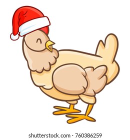 Funny and cute hen wearing Santa's hat for Christmas and smiling - vector.