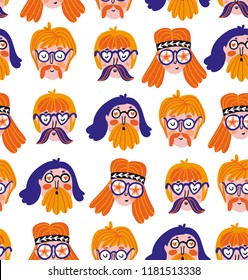 Funny cute hippies portraits. Vector  festival print. Seamless pattern design with hand drawn stylish faces.