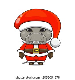 Funny and cute Hippo mascot, wearing red costume, cartoon animal with sparkling black eyes, front view. kawaii styles, flats, for celebration, for stickers. cartoon hamster, kawaii