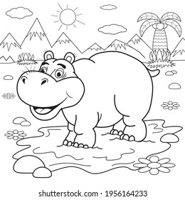 Funny cute hippo in the savannah coloring book 