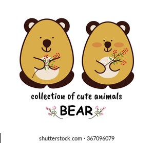 Funny cute honey bear. Flat cartoon style isolated on background. Love animal couple. Bear with branch, leaves and raspberry. Element for design, t-shirt