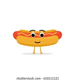 Funny and cute Hot-Dog character isolated on white background. Hot Dog with smiling human face vector illustration. Kids restaurant menu