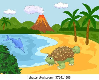 Funny cute ichthyosaurus and ankylosaurus on the background of a prehistoric nature