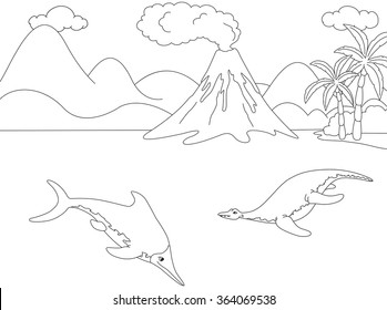 Funny cute ichthyosaurus and pliosaurus on the background of a prehistoric nature. Educational game for kids. Coloring book. Vector illustration