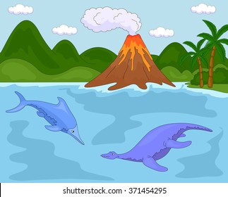 Funny cute ichthyosaurus and pliosaurus on the background of a prehistoric nature. Cartoon illustration