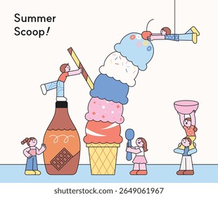 Engraçado e bonito ilustração de crianças construindo uma torre de sorvete gigante no verão. Trabalho em equipe e brincar com colheres, coberturas e xarope de chocolate.