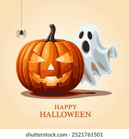 Funny and cute illustration with Halloween characters: pumpkin and ghost. Ideal for children's books, games and products.