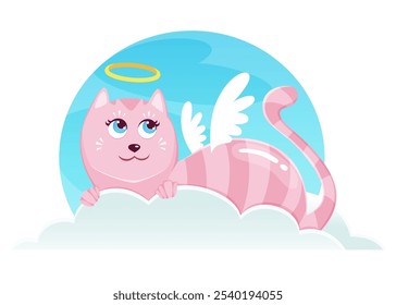 funny and cute illustration of an innocent angel cat with little wings, resting on a bed of clouds. 