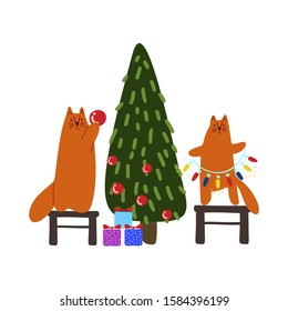 Funny cute illustration. Red cats decorate the Christmas tree. Christmas and New Year celebration concept. Christmas mood. Design for cards, banners, posters, textiles. 