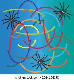 Funny and cute illustration for seasonal design, textile, decoration kids playroom or greeting card. Hand drawn prints and doodle.Spatial orientation for kids.spider.EPS10