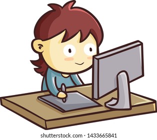 Funny and cute illustrator doing his digital painting works