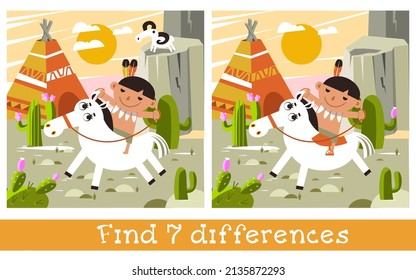 Funny cute Indian boy rides horse. Find 7 differences. Puzzle game for children.  Hand drawn full color illustration. Vector flat cartoon picture.