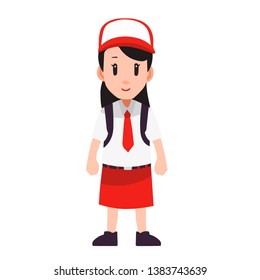 Funny and cute Indonesian elementary school girl with white & red uniform standing - vector.